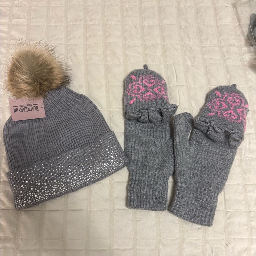 Gray and Pink Kids Winter Hat and Gloves Set